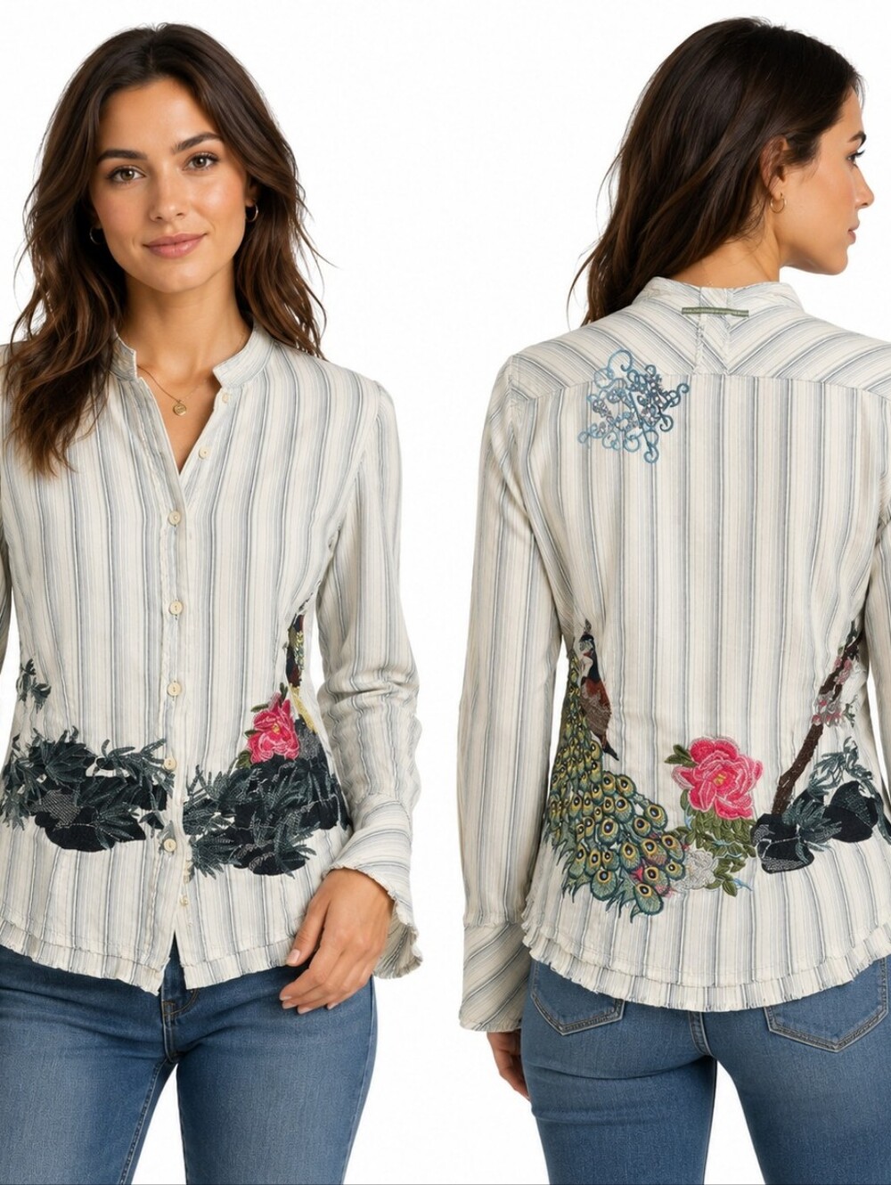 Johnny Was 3J Workshop Peacock Embroidered Striped Button Down Boho Shirt -VTG M